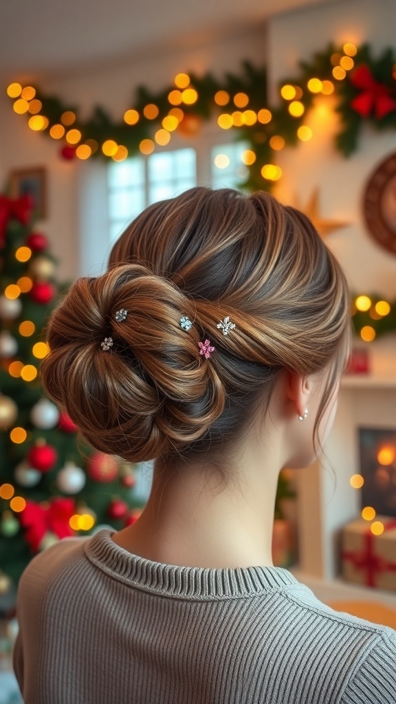 Elegant Updo Hairstyles for Christmas Elegant Christmas updo hairstyle with a classic bun and festive hairpins.